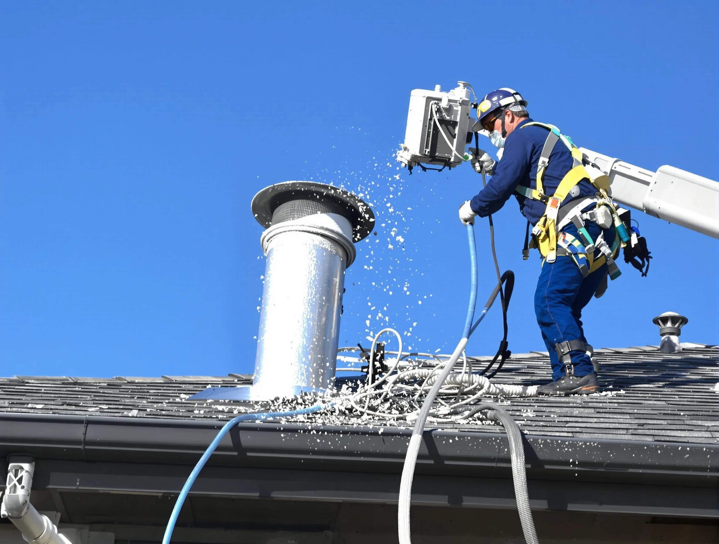 Guthrie Dryer Vent Cleaning certified technician safely cleaning a roof-mounted dryer vent in Guthrie