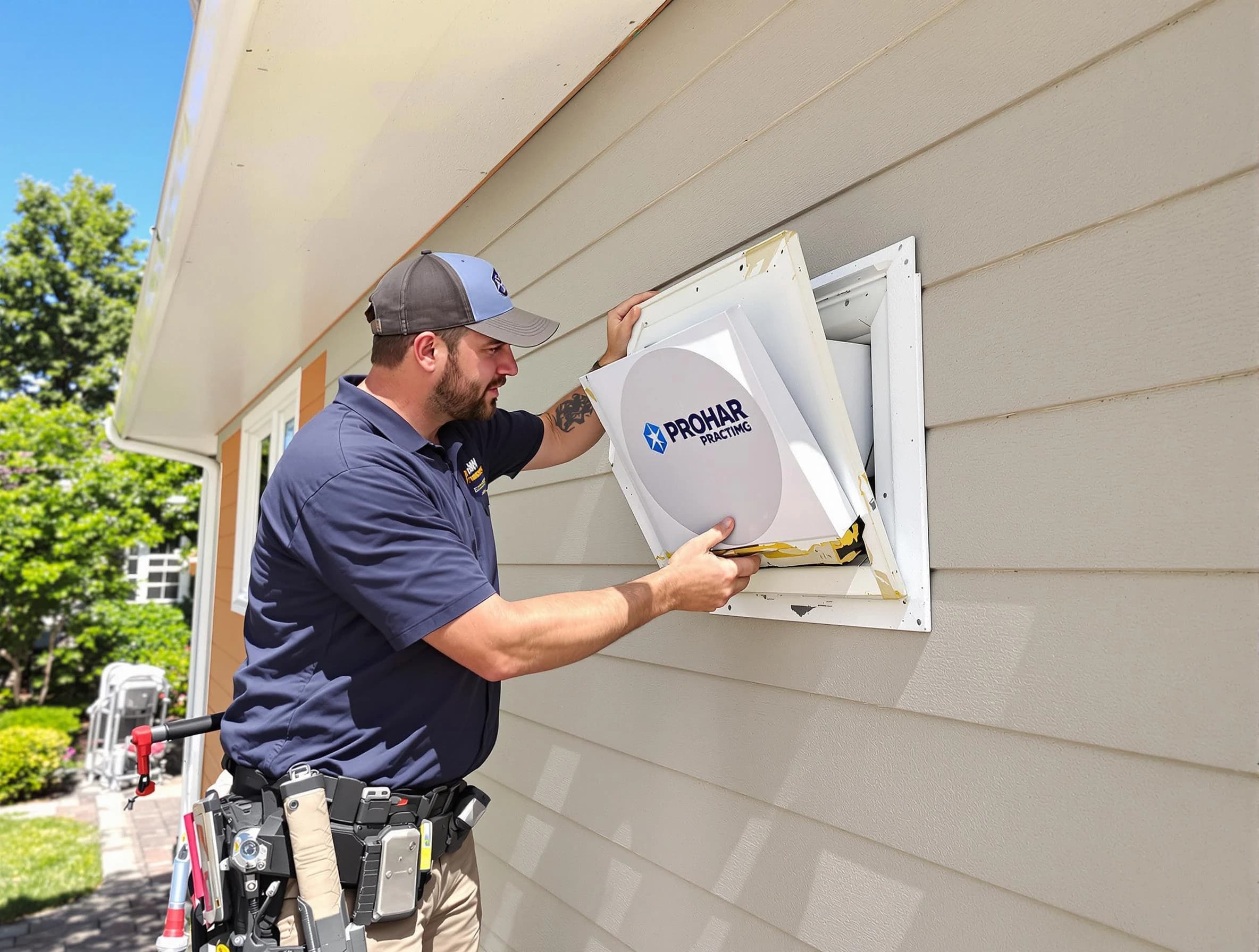 Guthrie Dryer Vent Cleaning technician installing a new protective dryer vent cover on a home in Guthrie